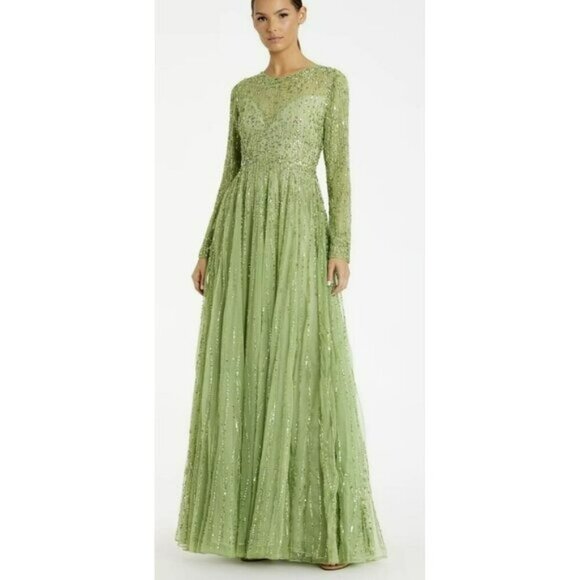 Mac Duggal $798 Sequined Illusion High Neck Long Sleeve Gown Sz 16 NWT - Picture 1 of 6